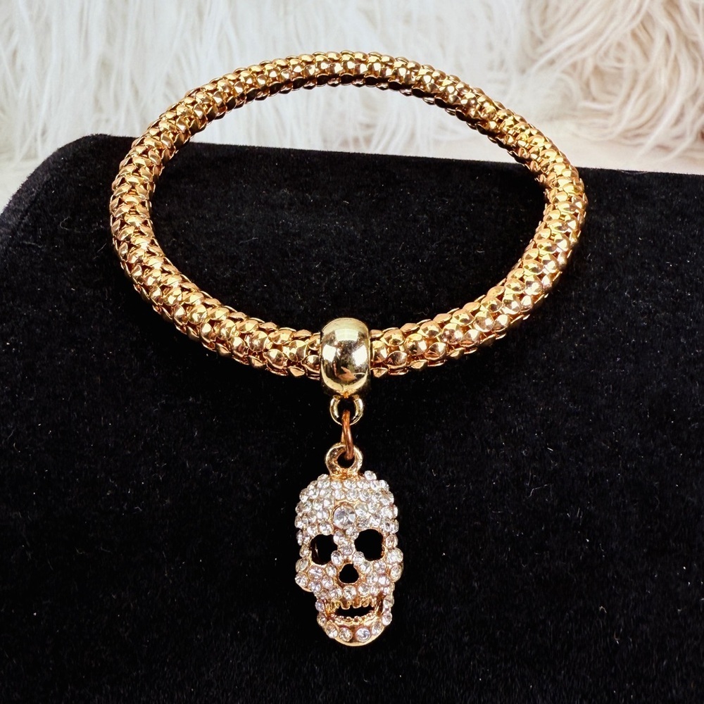 Gold Mesh Bangle Bracelet with Pave Skull Charm